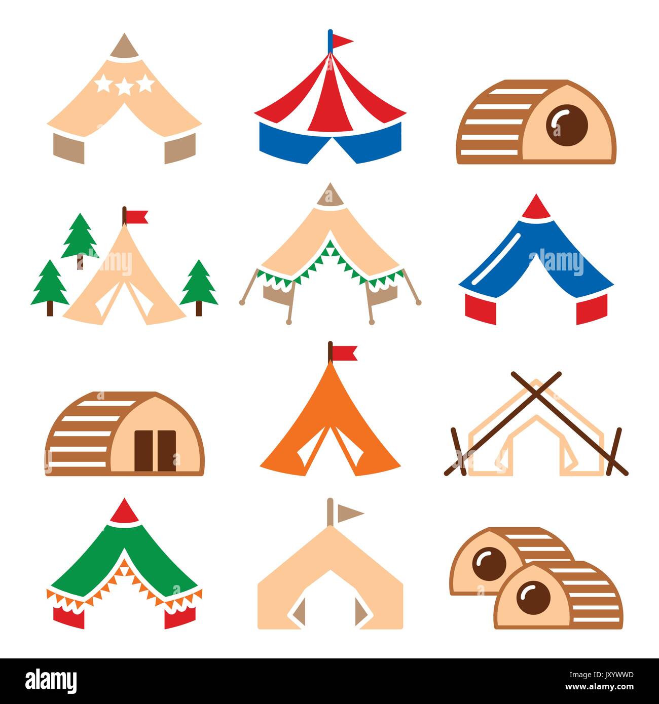 Glamping, tentes de camping et luxueuses maisons bambu icons set Illustration de Vecteur