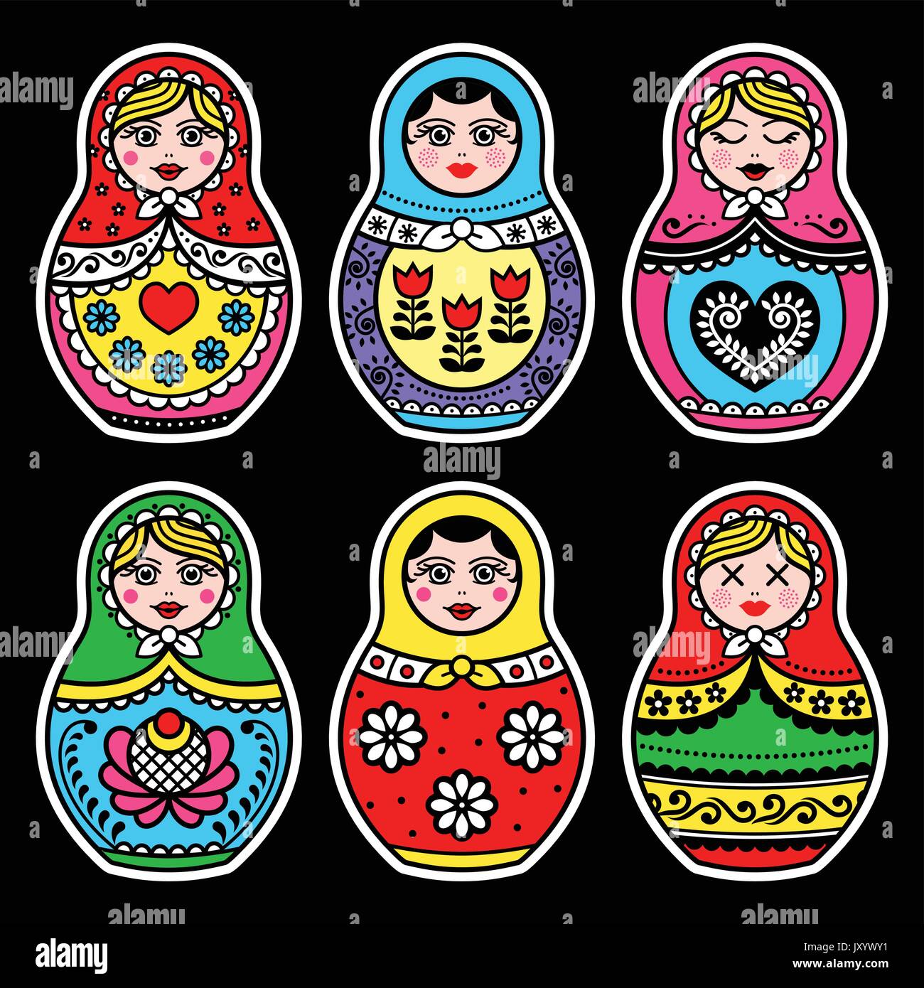 Matrioshka, poupée russe white icons set sur noir Illustration de Vecteur