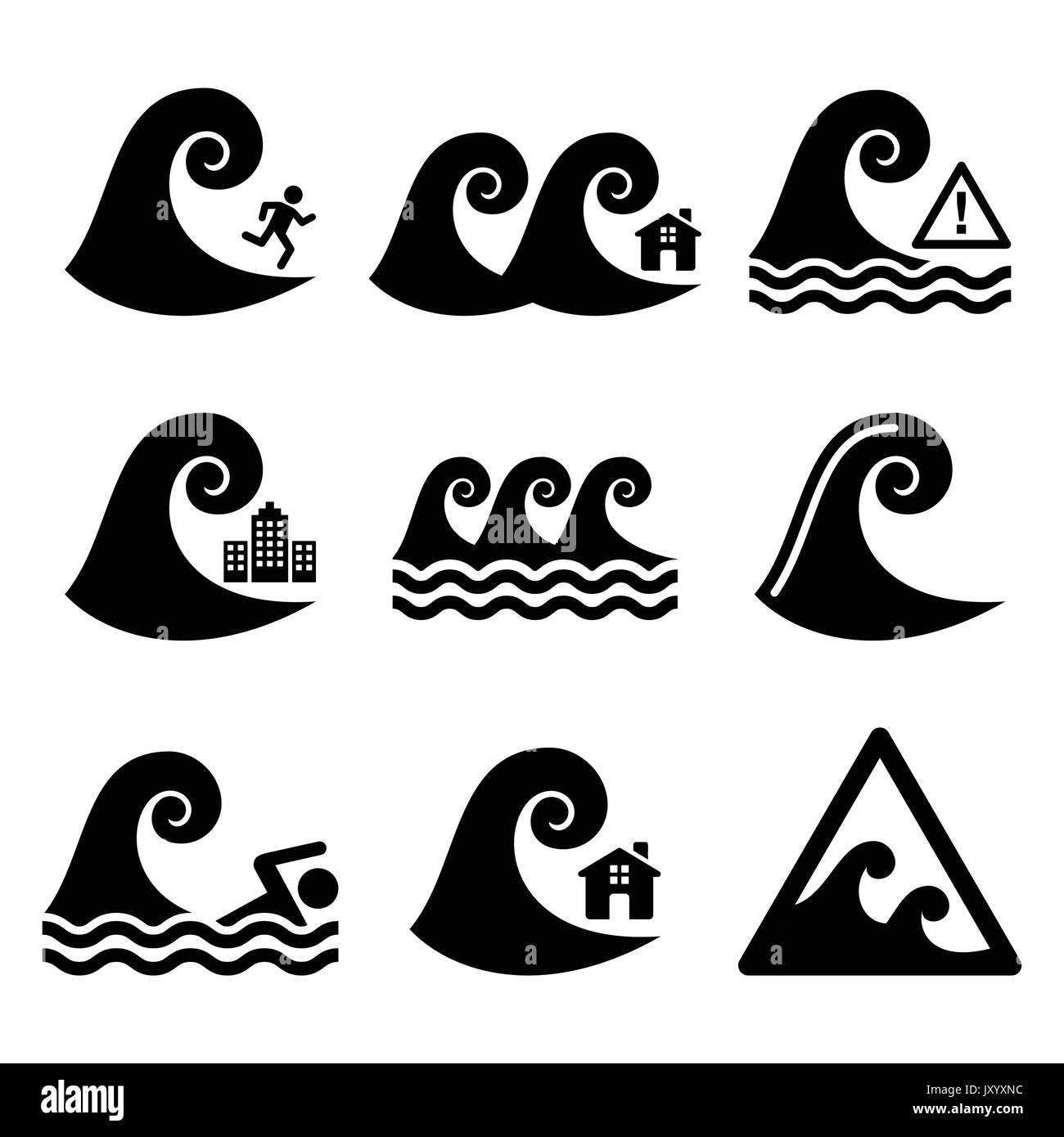 Tsunami, avertissement de grandes vagues, icônes de catastrophe neutre ensemble Illustration de Vecteur