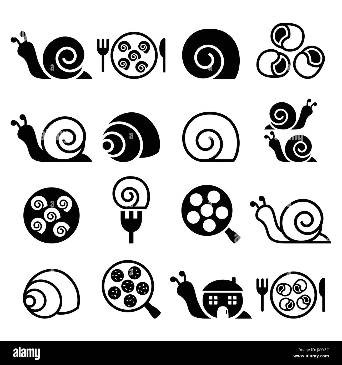 Escargots, repas d'escargot français - escargot icônes set Vector icons jeu d'escargots isolés sur blanc Illustration de Vecteur