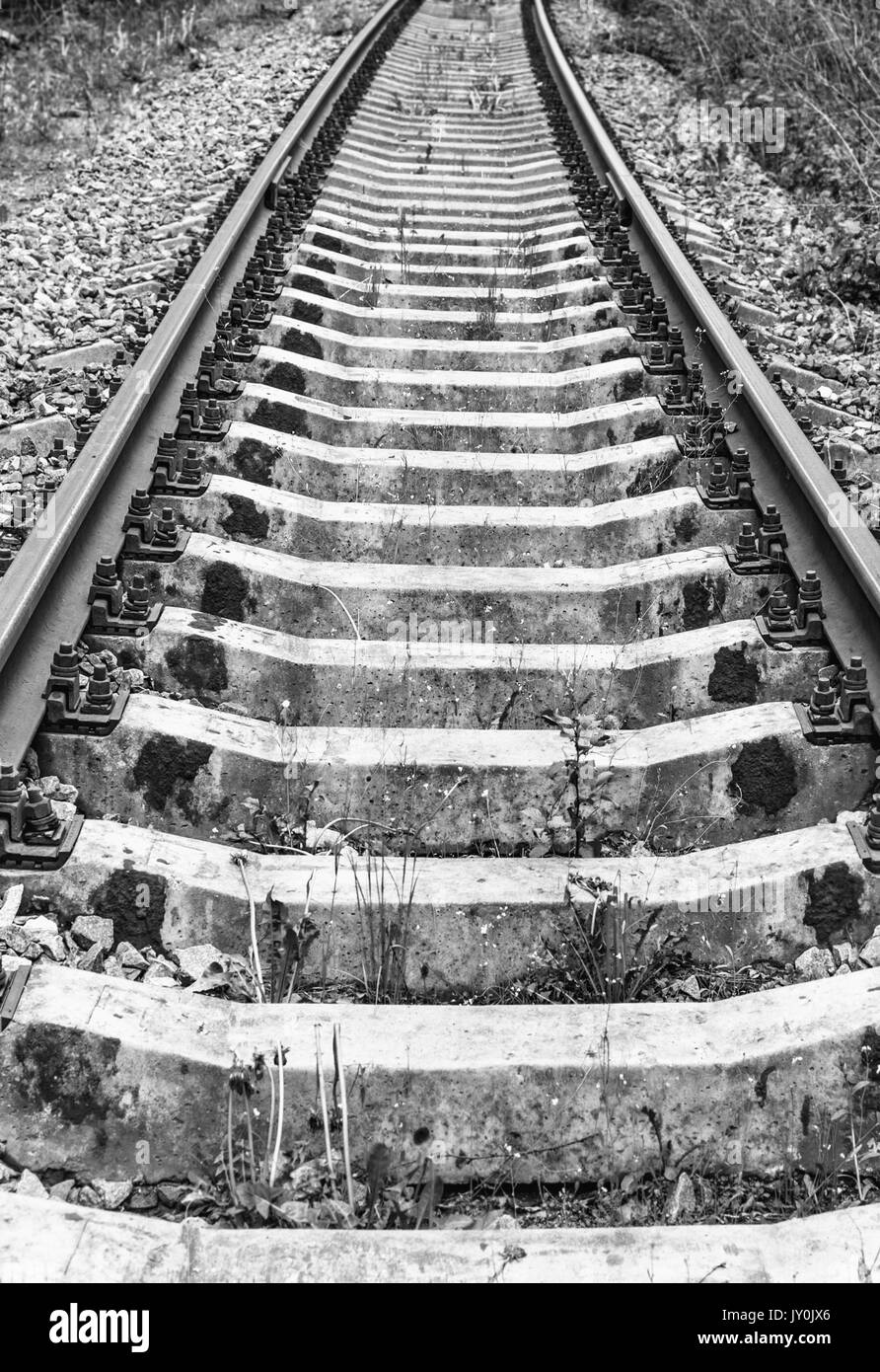 Rails et traverses de chemin de fer en noir et blanc au jour Banque D'Images