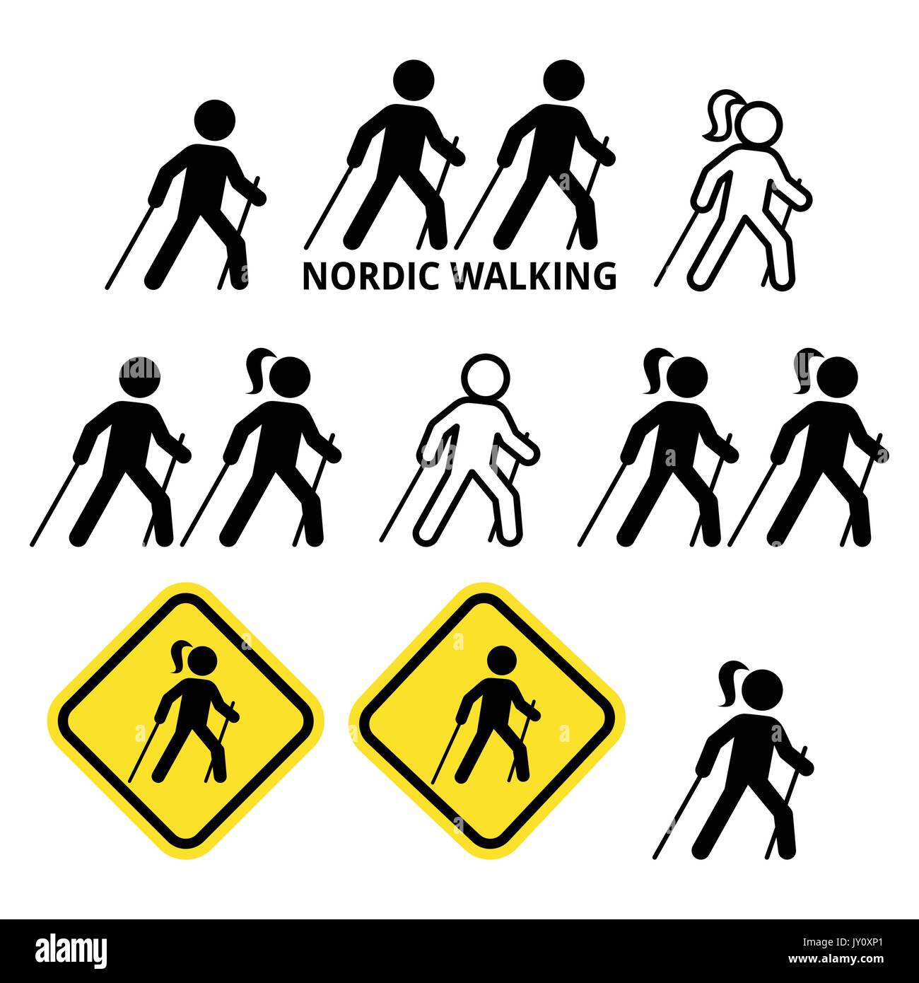 Nordic Walking, les gens marchent à l'extérieur avec des bâtons icônes set mode de vie sain, activité de sport - Nordic Walking icônes définies isolé sur blanc Illustration de Vecteur