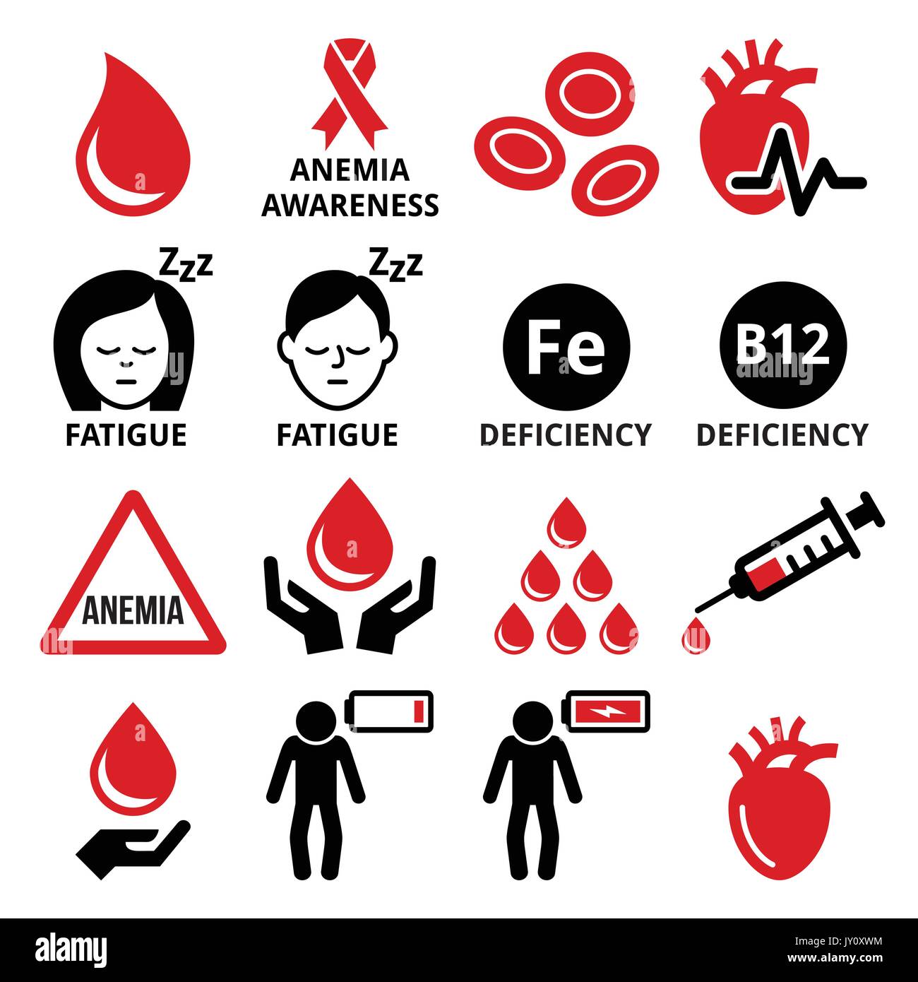 Le sang, l'anémie, les icônes de santé humaine définissent le Vector Icon set - la conception du sang, les soins de santé isolés sur blanc Illustration de Vecteur