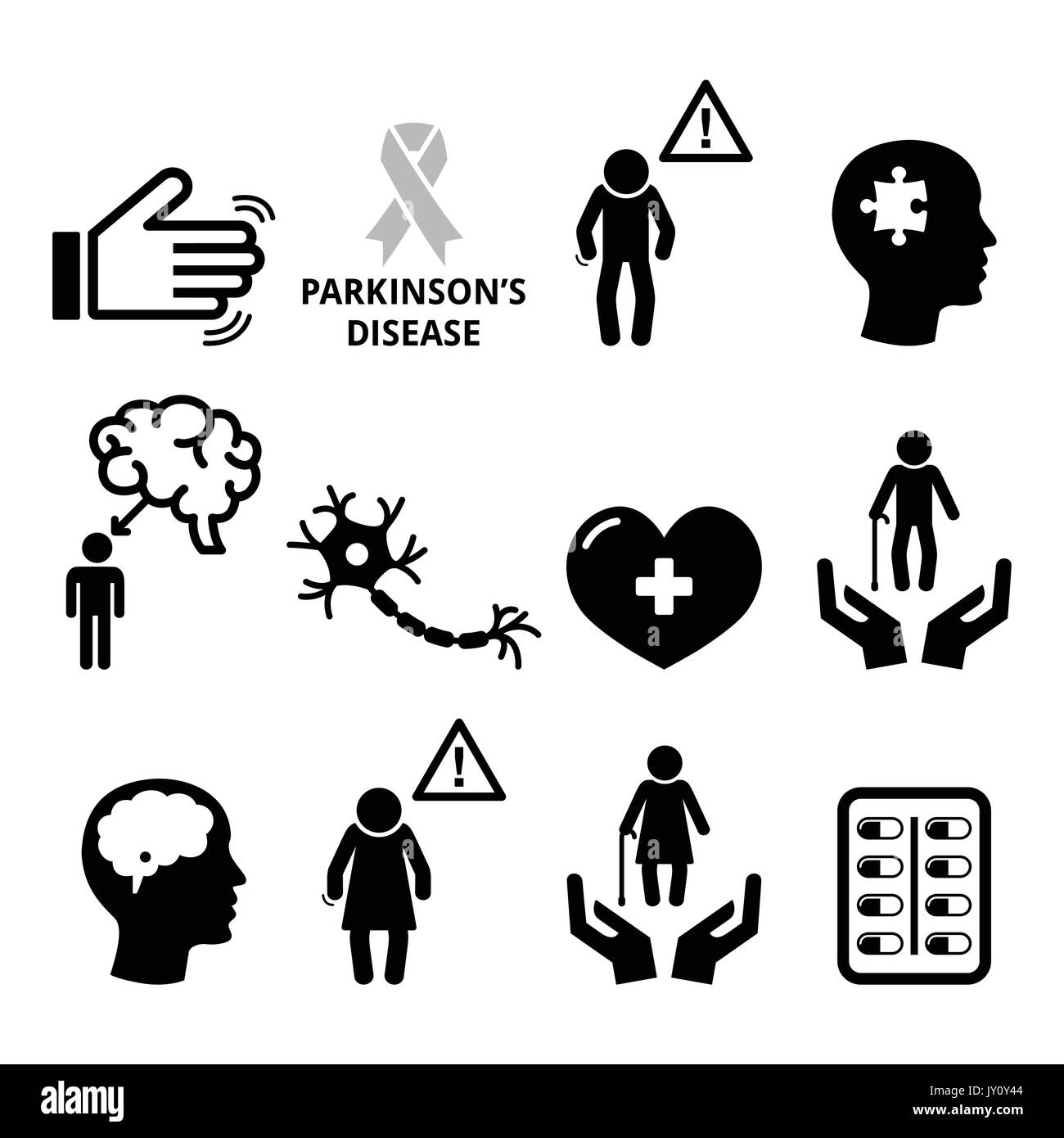 La maladie de Parkinson, les icônes de la santé des aînés définissent les icônes vectorielles comme étant des personnes âgées, la sensibilisation à la maladie de Parkinson Illustration de Vecteur