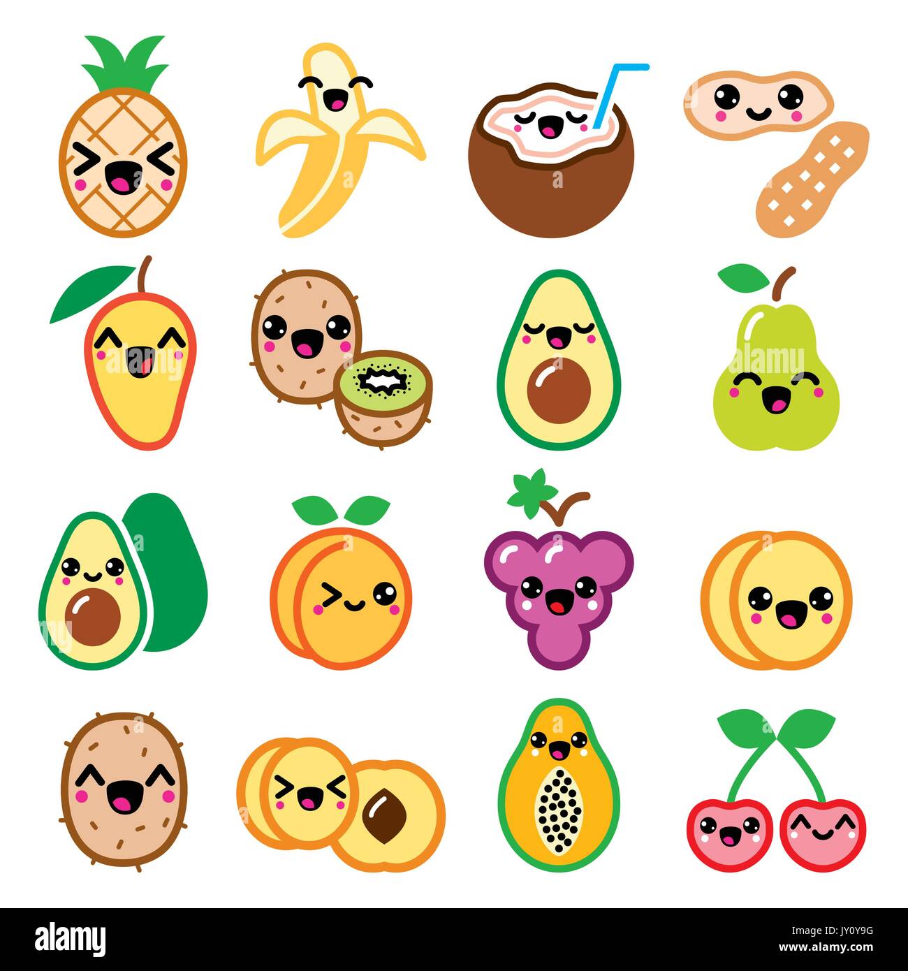 Fruits et noix Kawaii cute caractères icons set Illustration de Vecteur