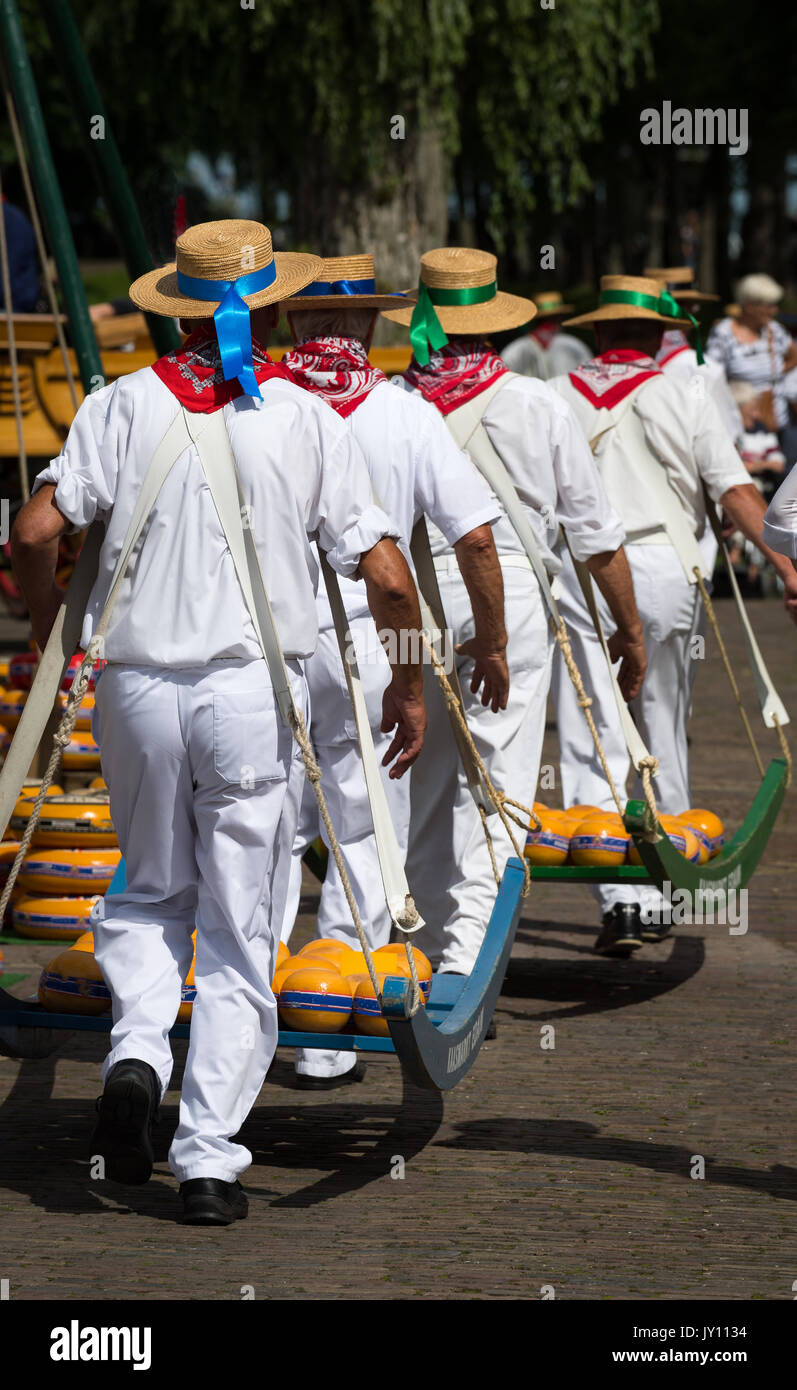 Fromages Fromages transportés par les transporteurs pour pesée avant la vente à Edam, Pays-Bas Banque D'Images