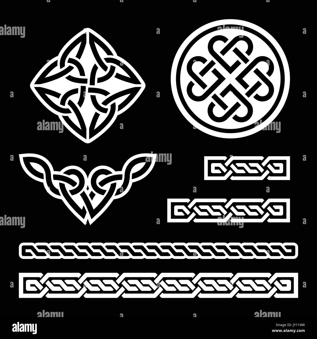 Irish Celtic noeuds, tresses et de motifs en blanc sur fond noir Vector set de symboles celtiques traditionnels, nœuds - monochorme Illustration de Vecteur