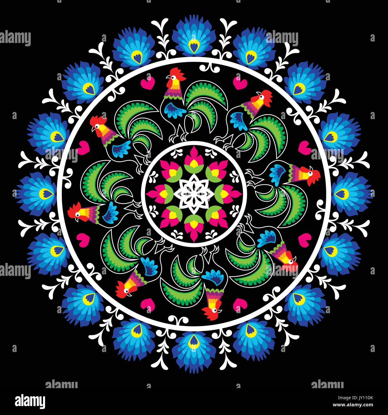 L'art populaire traditionnel polonais au motif cercle avec coqs - Wzory Lowickie Wycinanka, vecteur floraux décoratifs crépite set - style papier découpé Illustration de Vecteur