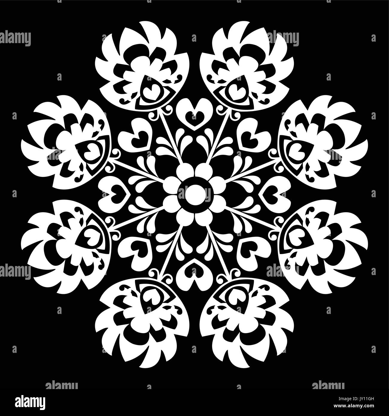 L'art populaire polonais blanc ronde pattern - Wzory Lowickie Wycinanka, vecteur floraux décoratifs crépite set - papier découpé noir style isolé sur Illustration de Vecteur