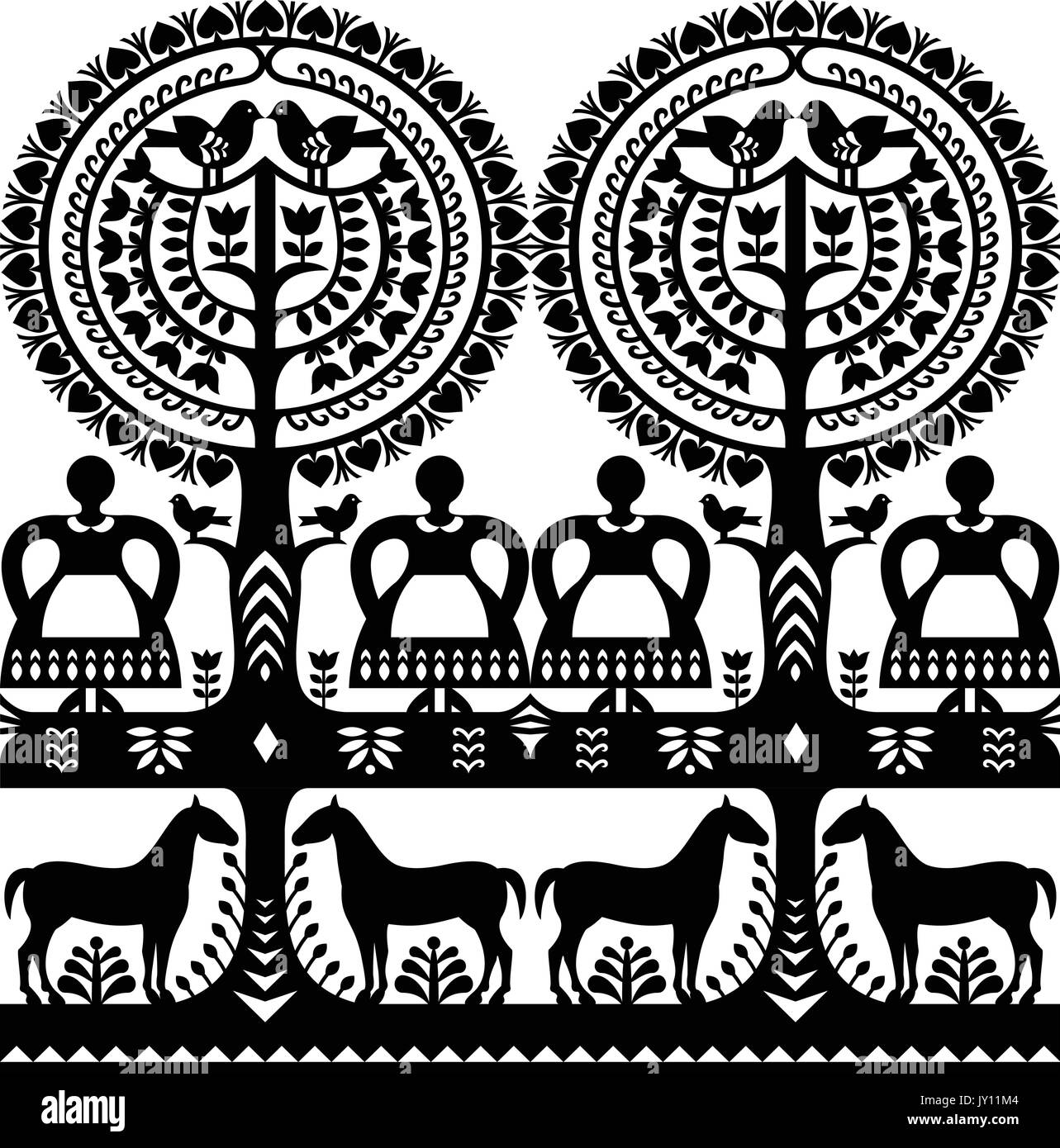 L'art populaire polonais Seamless pattern Wycinanki Kurpiowskie - Kurpie Papercuts répétitives vecteur conception folklorique de la région de Kurpie en Pologne avec wom Illustration de Vecteur