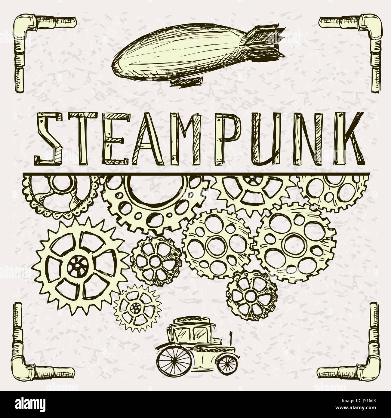 Background Steampunk, engins, vintage car et dirigeable. Dessin vectoriel Illustration de Vecteur