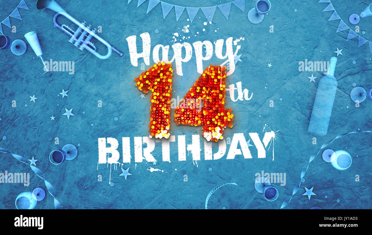 Heureux 14e Anniversaire Carte Avec De Beaux Details Tels Que Bouteille De Vin Verres De Champagne Garland Pennant D Etoiles Et Confettis Fond Bleu Rouge Et Photo Stock Alamy