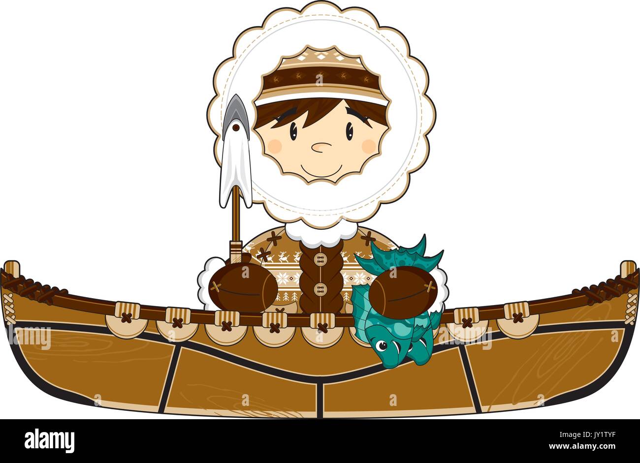 Cute Cartoon pêcheur inuit en kayak avec une lance et le poisson Illustration de Vecteur