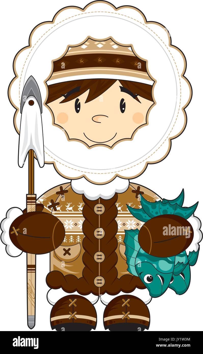 Cute Cartoon pêcheur inuit avec une lance et le poisson Vector Illustration Illustration de Vecteur