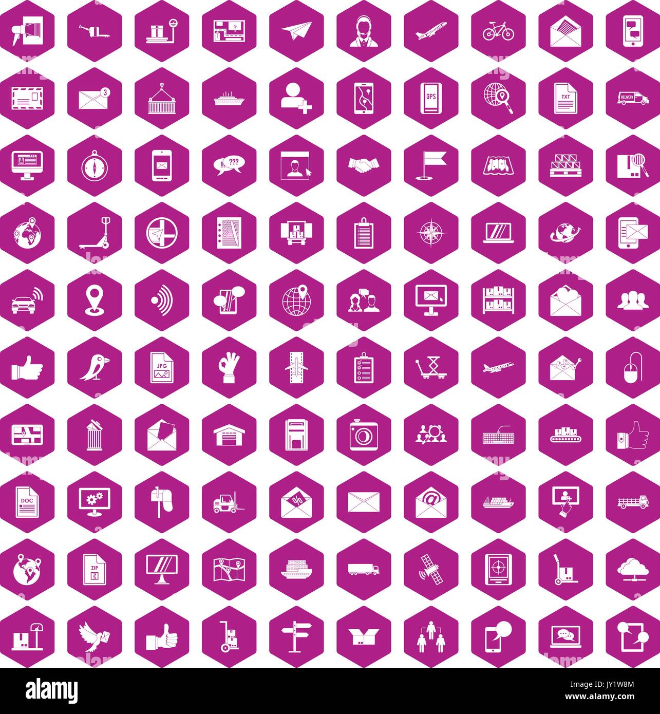 100 icônes de messagerie et post violet hexagonale Illustration de Vecteur