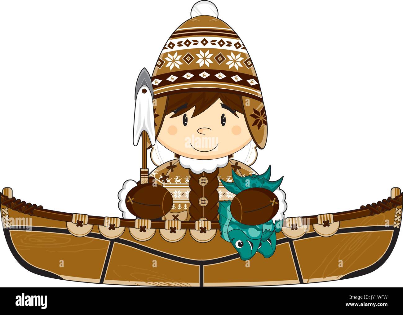 Cute Cartoon pêcheur inuit en kayak avec une lance et le poisson Illustration de Vecteur