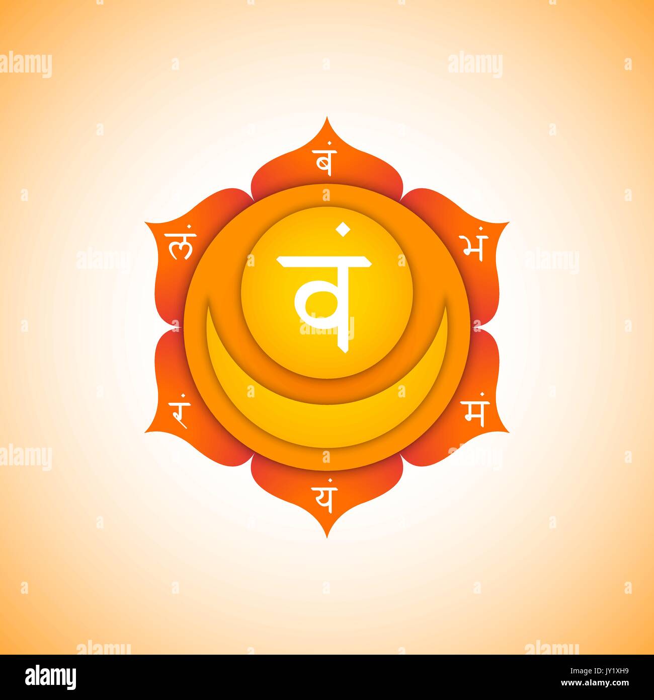 Deuxième scénario Svadhishthana chakra sacré avec l'hindouisme sanskrit mantra de semences et les syllabes de l'ACV sur les pétales de lotus. Télévision orange style symbole volumétrique wi Illustration de Vecteur
