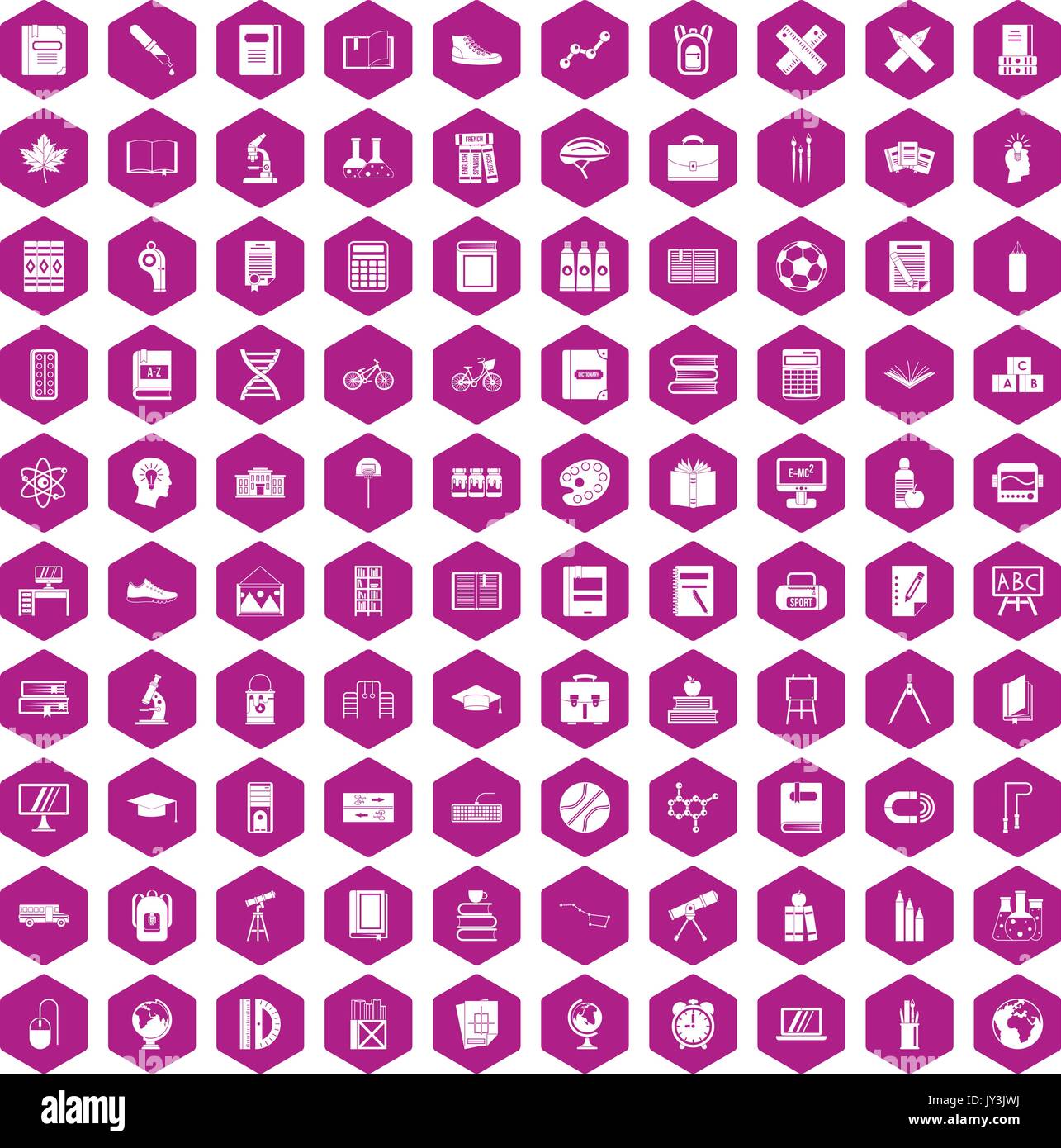 100 icônes de l'école violet hexagonale Illustration de Vecteur