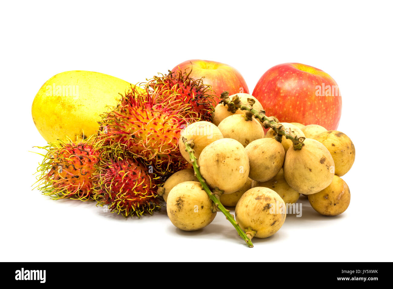 Différents types de fruits tropicaux, mangue, ramboutan, pommes et longkongs sur fond blanc Banque D'Images