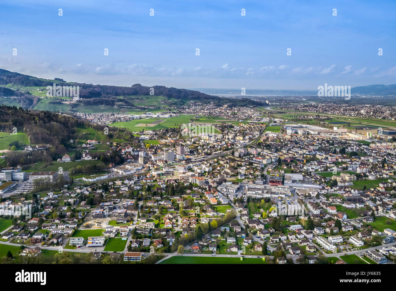 Luftaufnahme der Ortschaften Heerbrugg und Widnau *** *** légende locale Au, Heerbrugg, Lac de Constance, Lustenau, au Rhin, au Rhin-vallée, rivière, Saint Gall, Banque D'Images