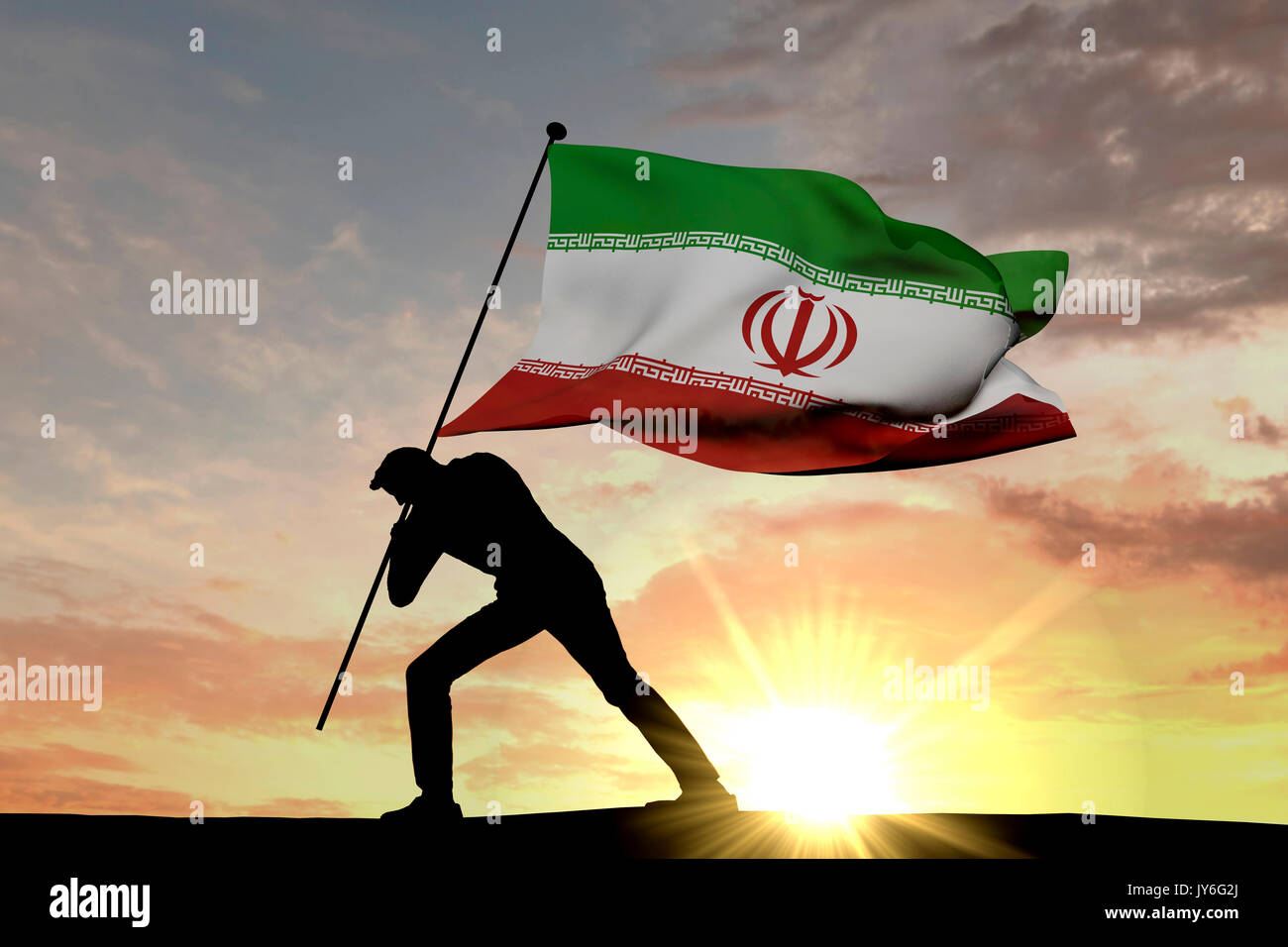 Drapeau de l'Iran d'être poussé dans le sol par une silhouette masculine. Le Rendu 3D Banque D'Images