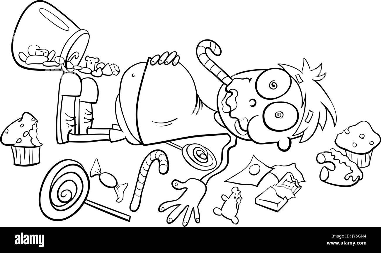 Cartoon noir et blanc Concept illustration humoristique de comme un gamin dans un magasin de bonbons ou d'un proverbe disant Illustration de Vecteur