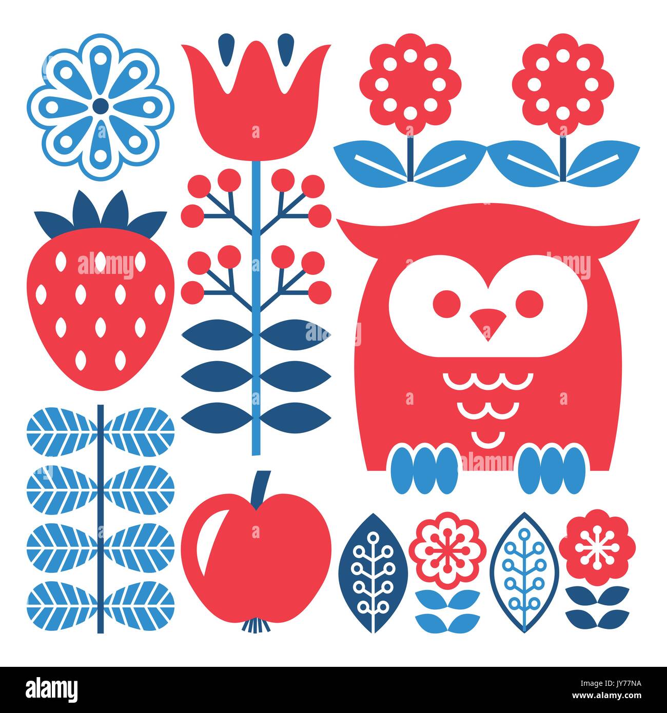 Inspiré de l'art folklorique finlandaise - modèle scandinave, vecteur de style nordique et rouge fond vert avec des fleurs, fraise et owl isolated on white Illustration de Vecteur