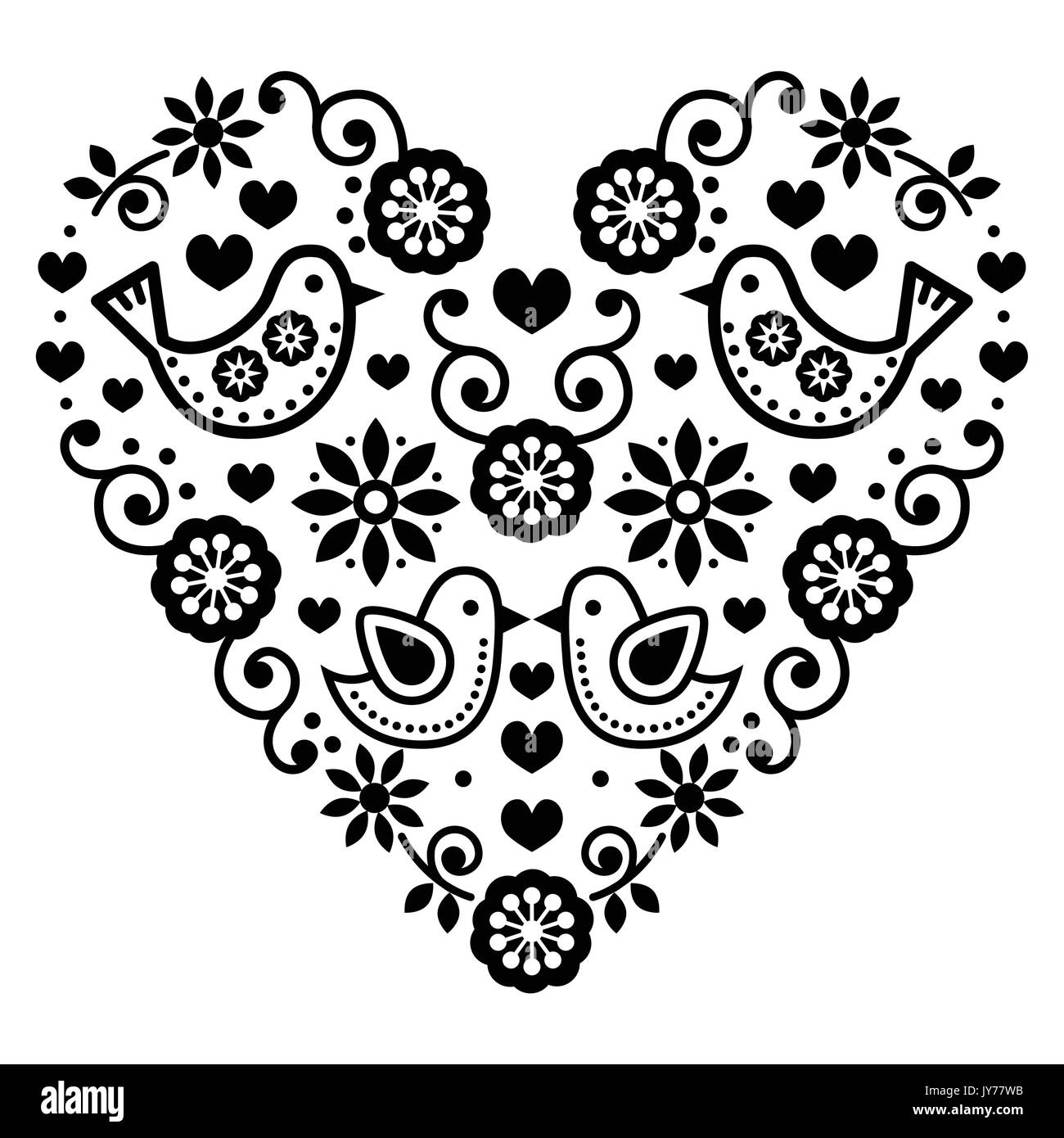 L'art populaire de Saint Valentin coeur - Amour, mariage, anniversaire carte de voeux Vector black folk coeur avec fleurs et oiseaux isolated on white Illustration de Vecteur
