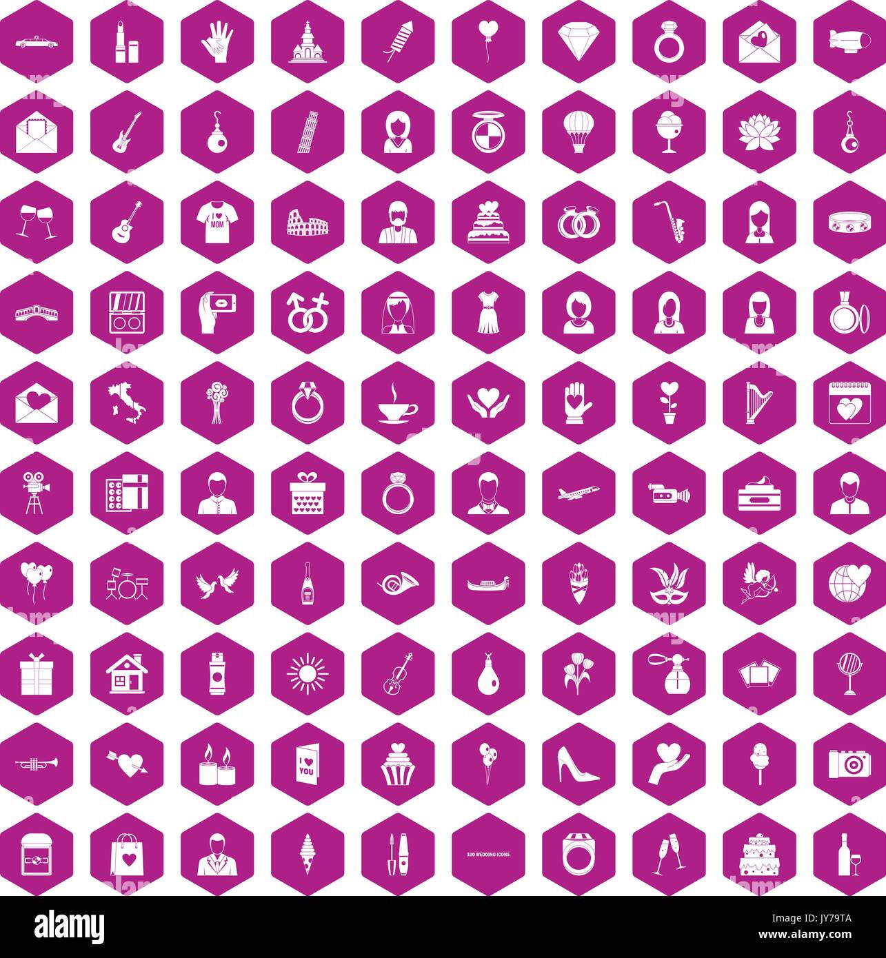 100 icônes de mariage violet hexagonale Illustration de Vecteur