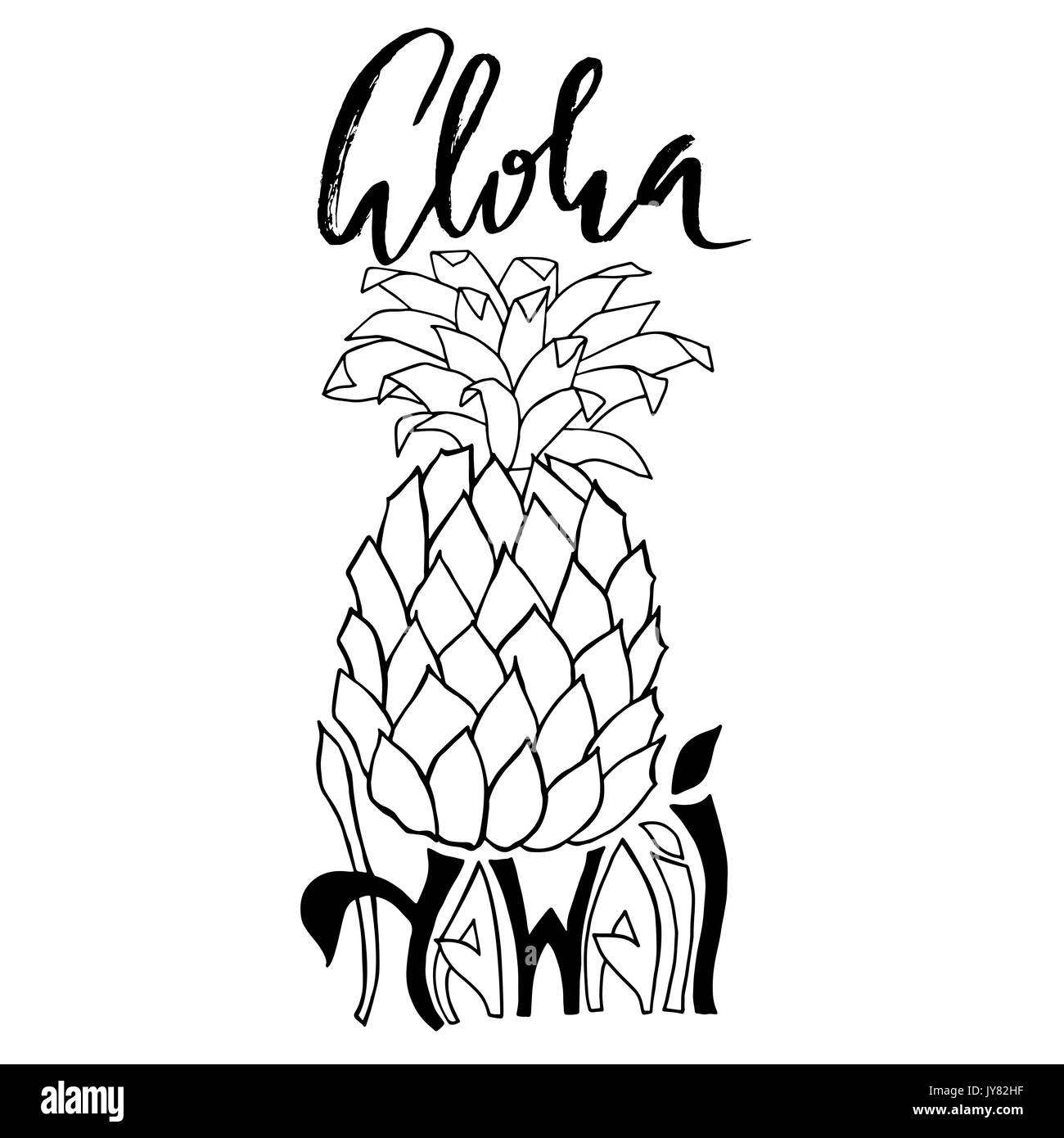Aloha Hawaii. Typographie bannière. Illustration croquis d'ananas. L'affiche de la calligraphie. Lettrage de vecteur. Illustration de Vecteur