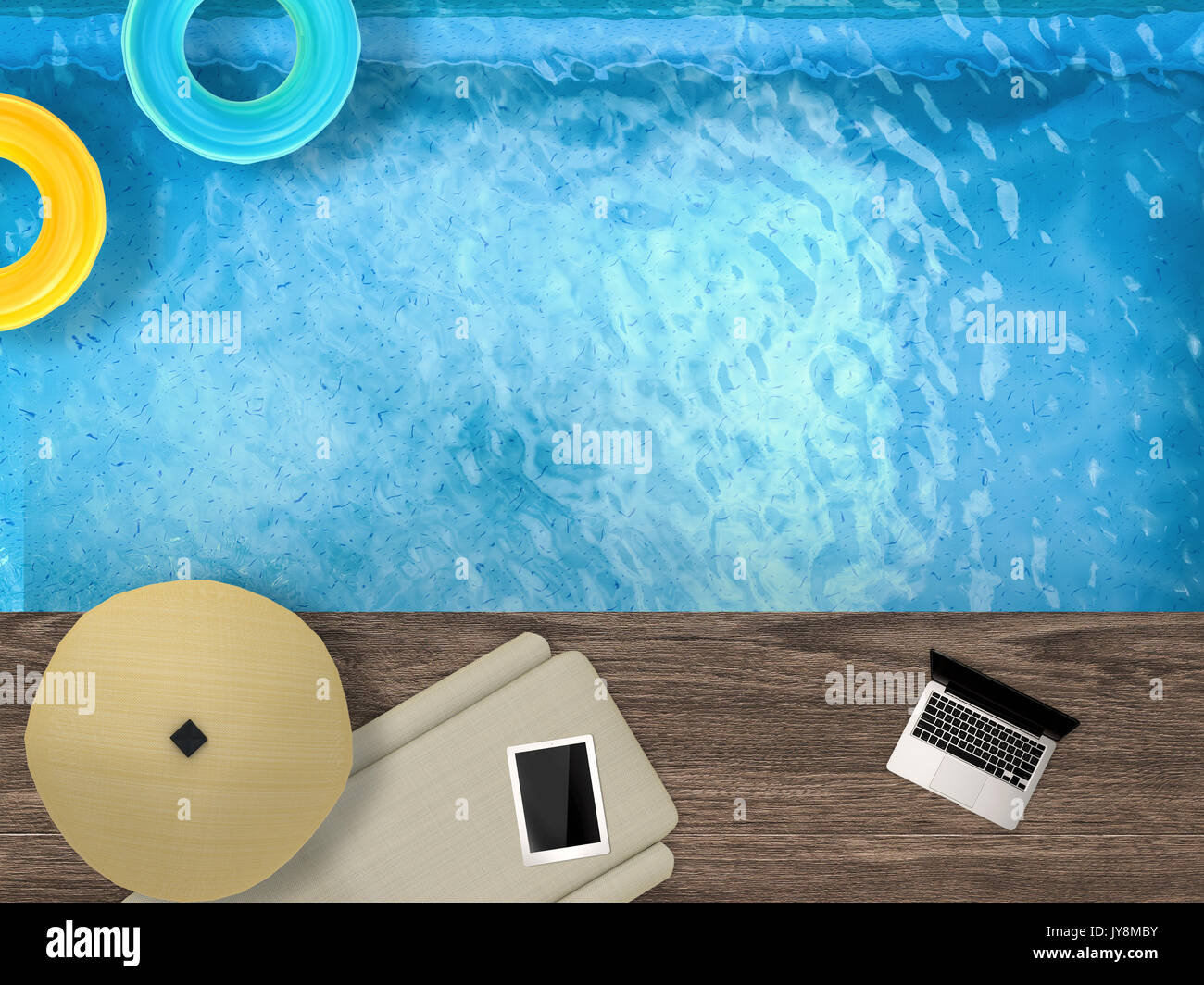 Piscine de rendu 3D Vue de dessus avec banquette-lit, coffre et anneaux de bain Banque D'Images
