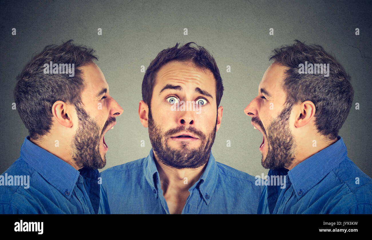 Double personnalité concept. Deux hommes en colère crier à lui-même effrayé Banque D'Images