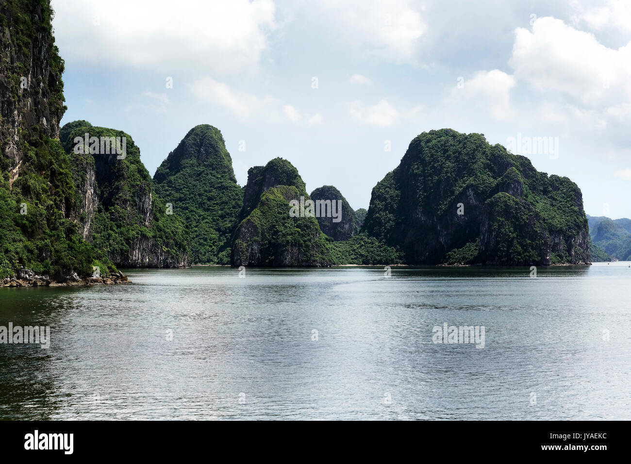 Voyageant sur îles vertes dans la baie de Halong à jour à distance en mer, UNESCO World Heritage Site, Vietnam, Asie du sud-est. Banque D'Images