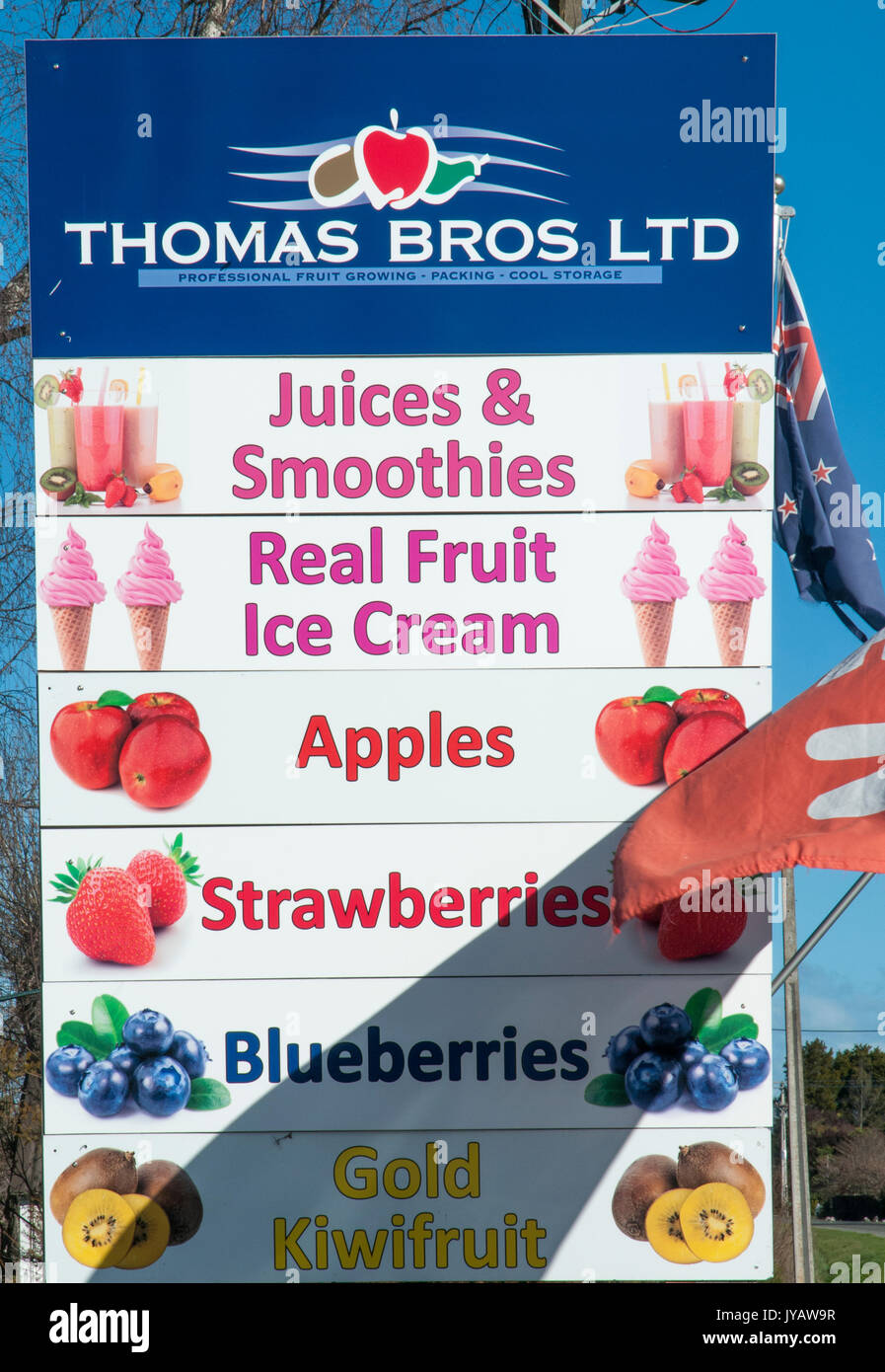 Les fruits et la crème glacée en bordure de stand à Motueka, centre d'un quartier de plus en plus de fruits dans la région de Tasmanie de l'île du Sud, Nouvelle-Zélande Banque D'Images