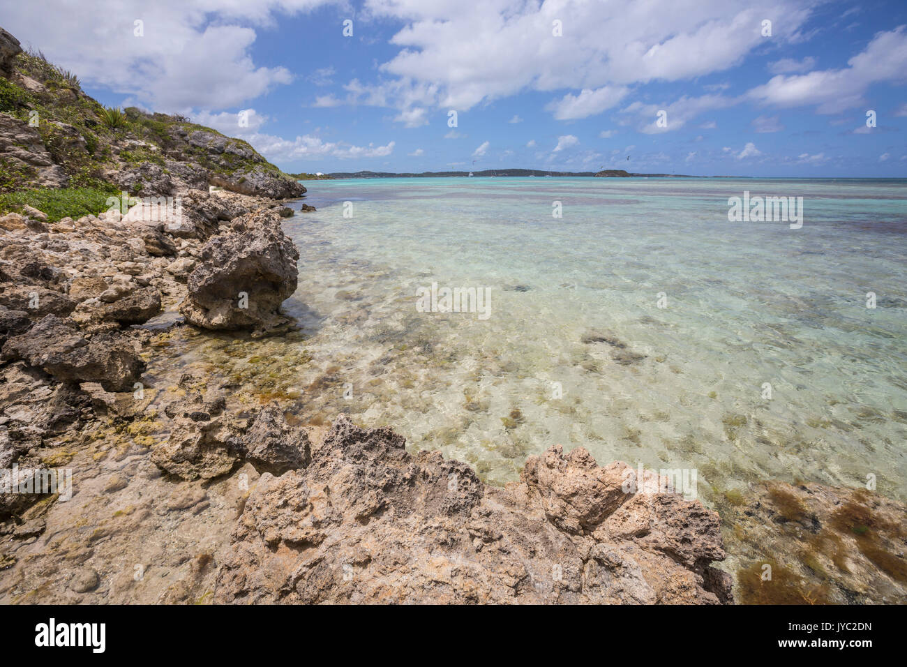 Les nuances turquoises de la mer des Caraïbes vu depuis les falaises de l'île Green Antigua-et-Barbuda Antilles île sous le vent Banque D'Images