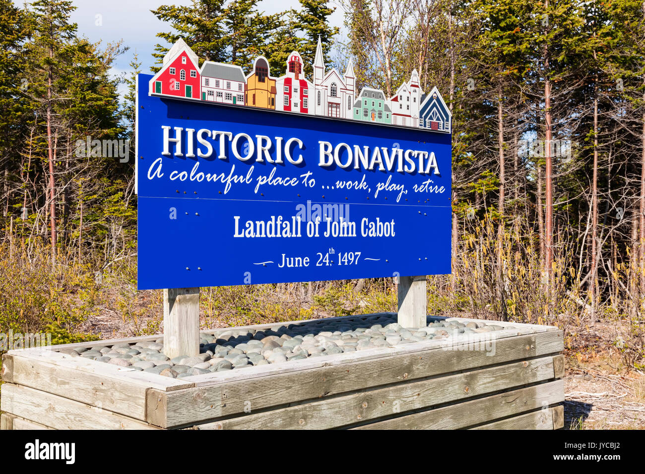 La passerelle signe ou signe de bienvenue de Bonavista dans la péninsule Bonavista, Terre-Neuve et Labrador, Canada. Banque D'Images