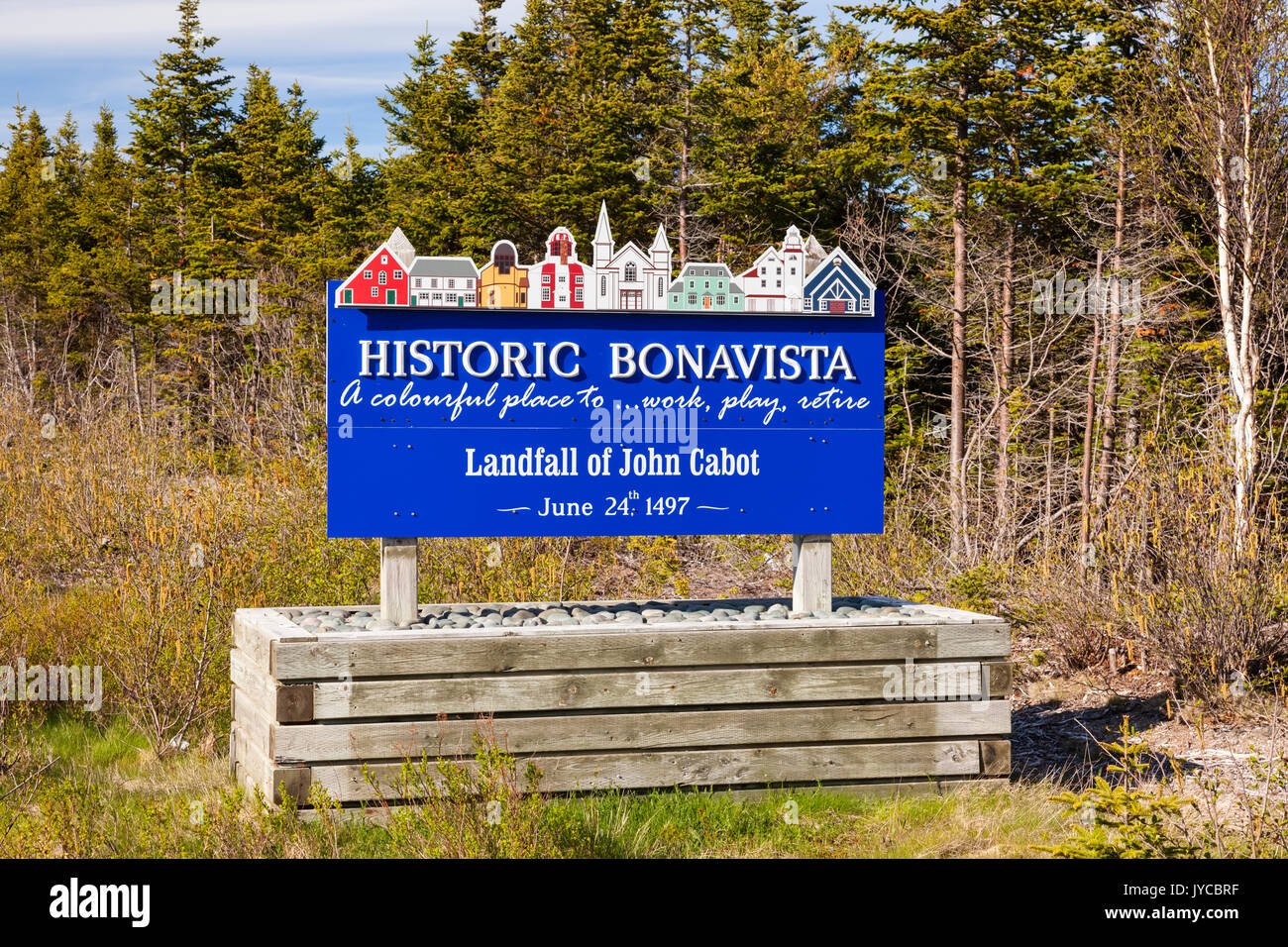 La passerelle signe ou signe de bienvenue de Bonavista dans la péninsule Bonavista, Terre-Neuve et Labrador, Canada. Banque D'Images