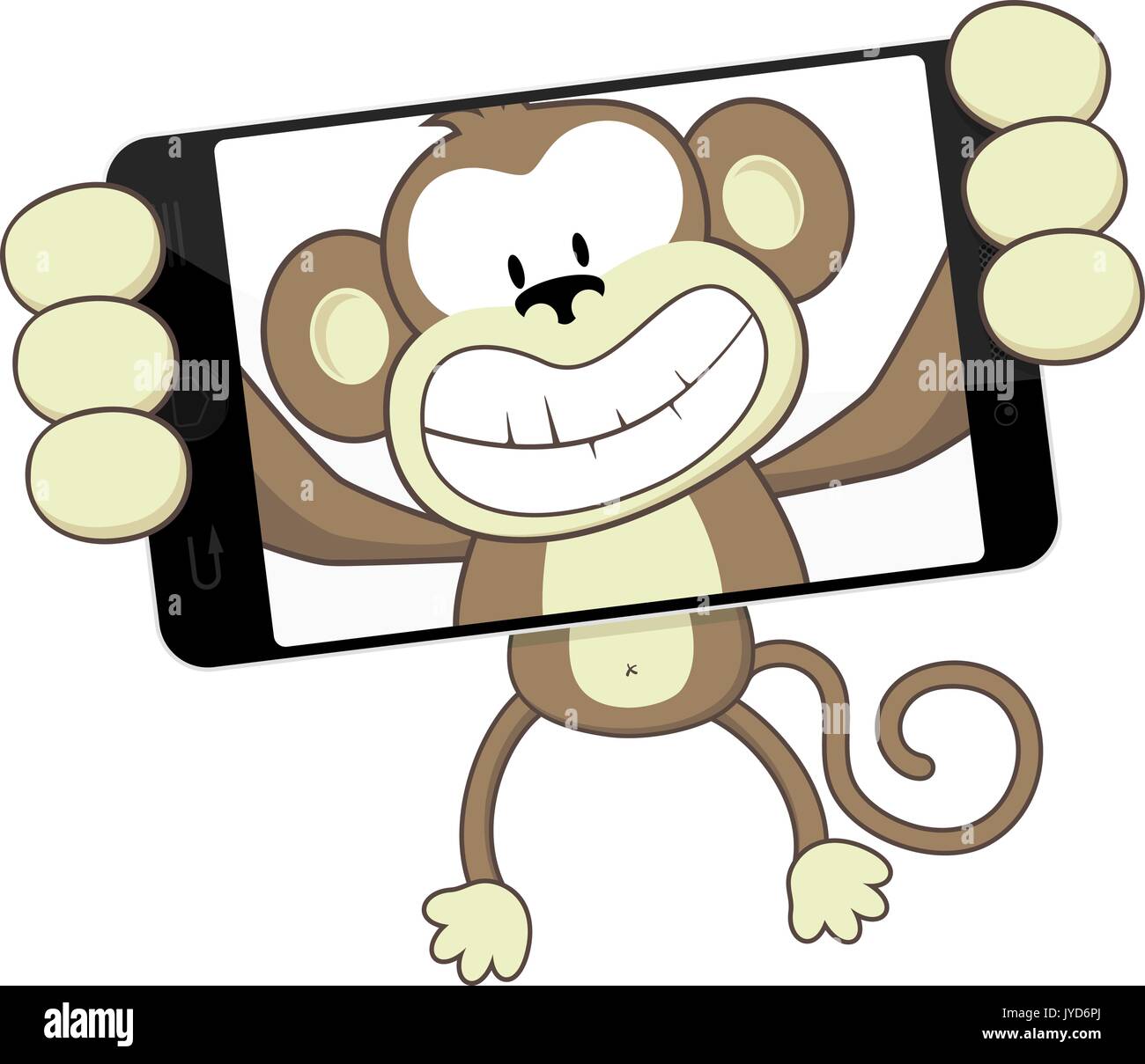 Funny monkey cartoon la photographie elle-même avec le smartphone isolé sur fond blanc Illustration de Vecteur