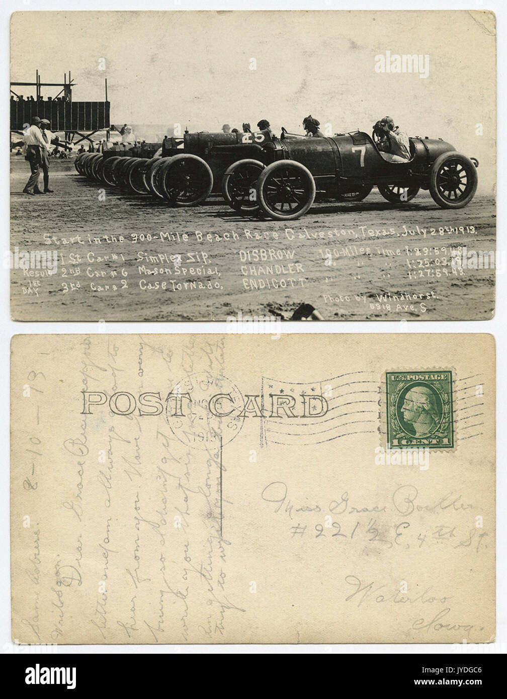 Départ dans la course de 300 miles Beach Galveston, Texas, 28 juillet 1913. Banque D'Images