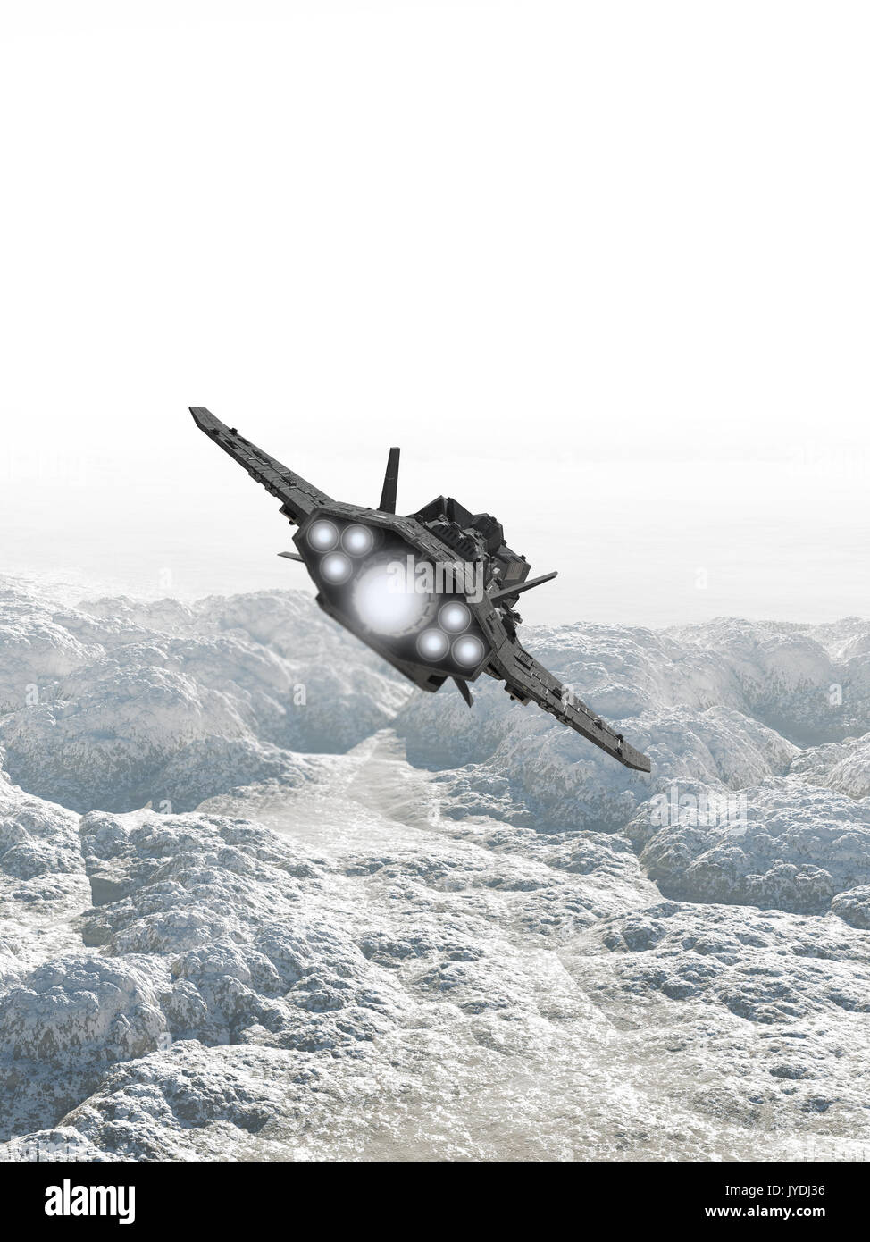 Vaisseau spatial interplanétaire survolant une planète rocheuse Banque D'Images