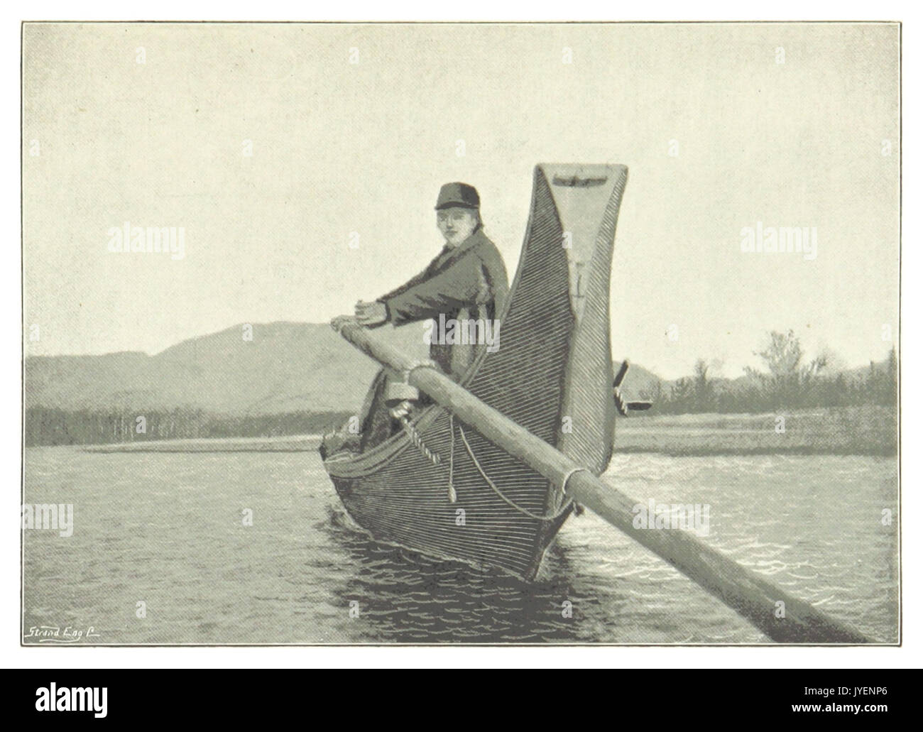 Une illustration de 'PIKE' (1896) montrant un ruisseau idéal pour le canoë, représentant les eaux sereines et navigables appropriées pour la navigation de plaisance. La scène capture le calme et la beauté d'une voie navigable naturelle. Banque D'Images