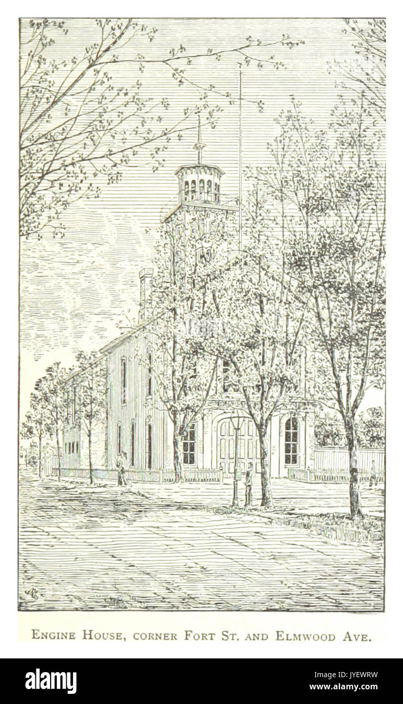 Cette image montre la maison des machines, construite en 1873, à l'angle de Fort Street et de Elmwood Avenue à Détroit. La photographie illustre l'architecture historique et l'importance du bâtiment dans le contexte des services d'incendie du XIXe siècle. Banque D'Images