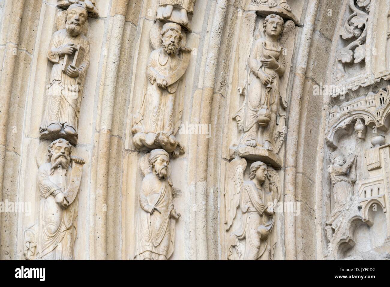 Décor d'entrée de la Cathédrale Notre Dame De Paris, Paris, France Banque D'Images