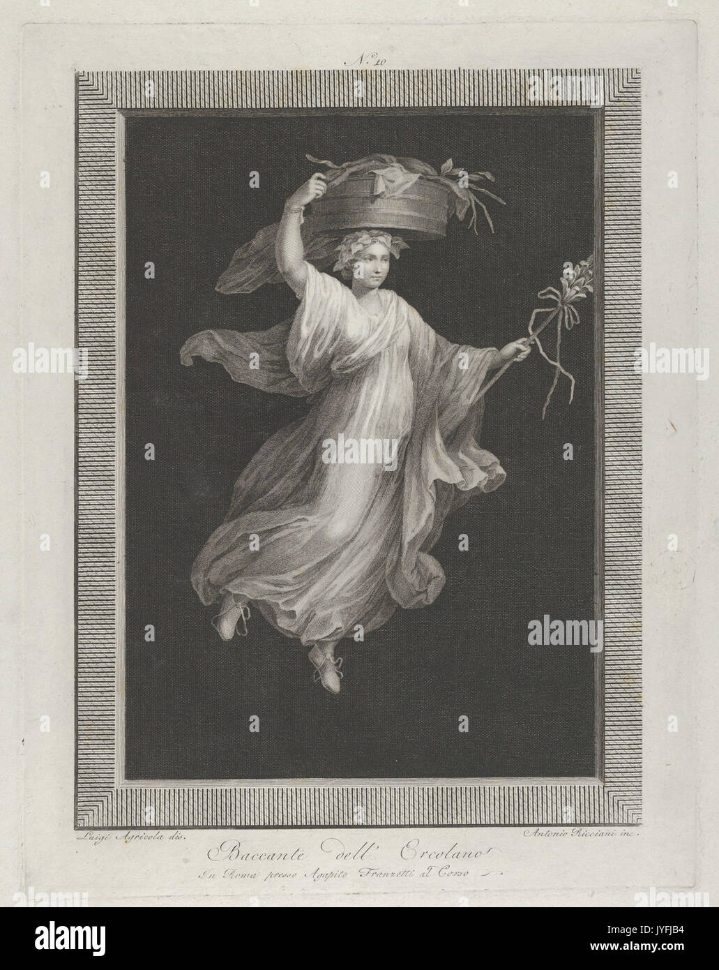Une bacchante portant un grand panier sur sa tête, et tenant un bâton dans sa main gauche, sur un fond noir à l'intérieur d'un cadre rectangulaire rencontré DP842055 Banque D'Images