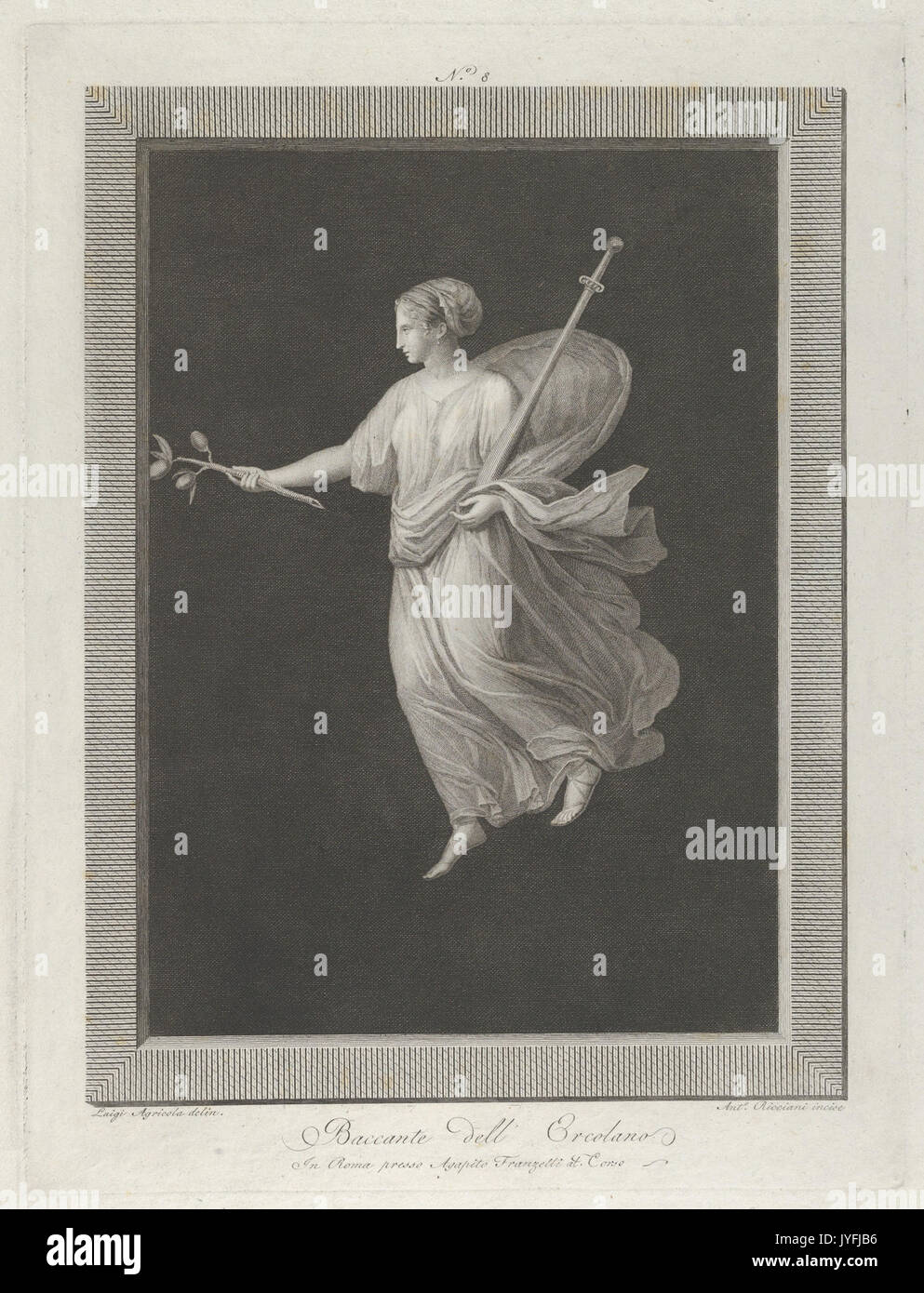 Une bacchante tenant une épée dans son bras gauche et une branche avec des fruits dans sa main droite, sur un fond noir à l'intérieur d'un cadre rectangulaire rencontré DP842057 Banque D'Images