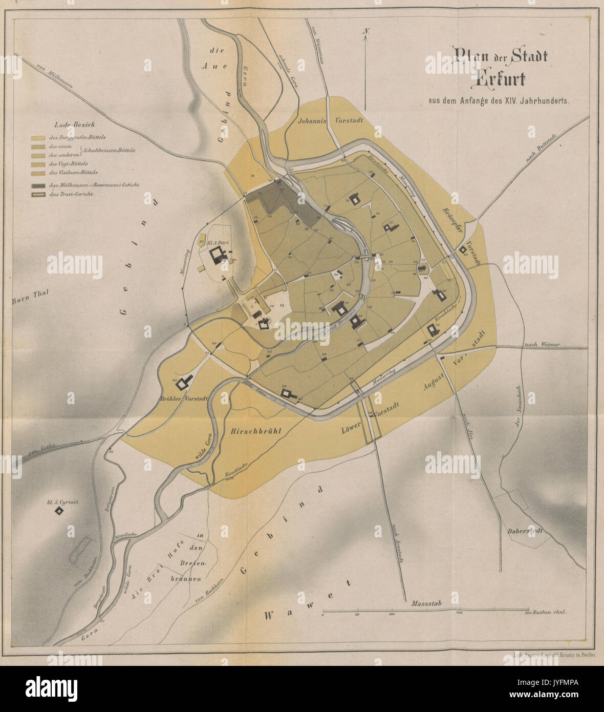 KIRCHHOFF(1870) Plan der Stadt Erfurt im 14.Jh Banque D'Images