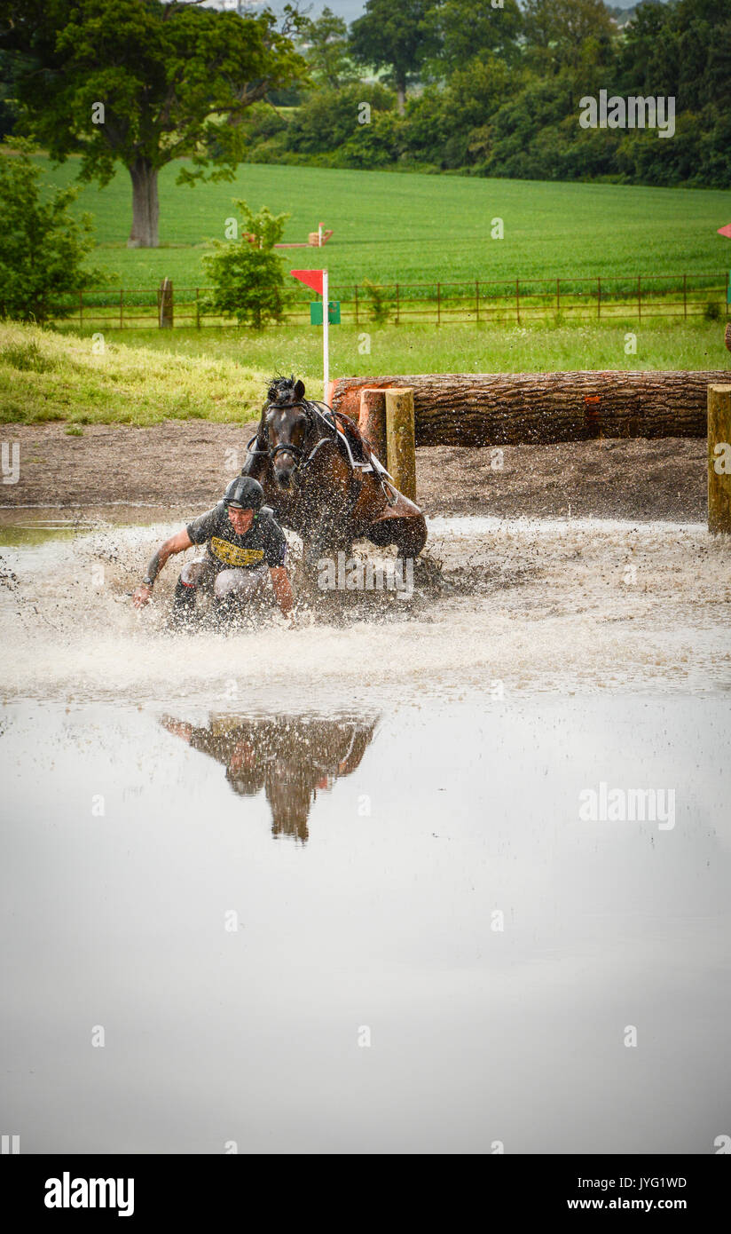 Un cavalier tombe pendant un événement cheval à Somerset, Royaume-Uni Banque D'Images