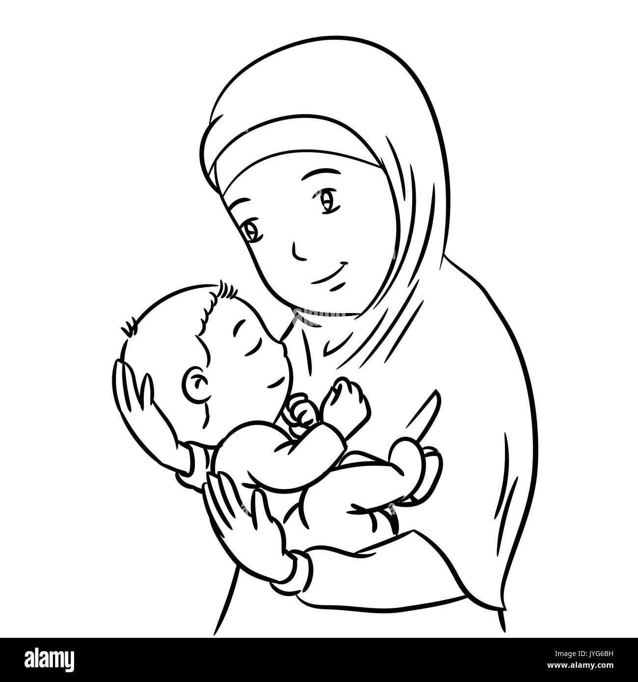Dessin à la main d'une mère musulmane avec démonstration d'affection pour son fils - Vector Illustration Illustration de Vecteur
