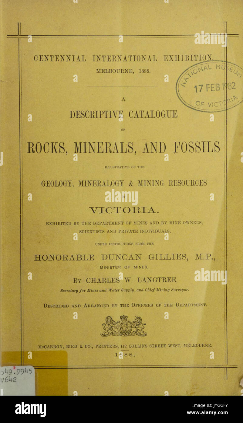 Un catalogue descriptif des roches, minéraux et fossiles, d'illustration de la géologie, minéralogie et ressources minières de Victoria BHL42524274 Banque D'Images