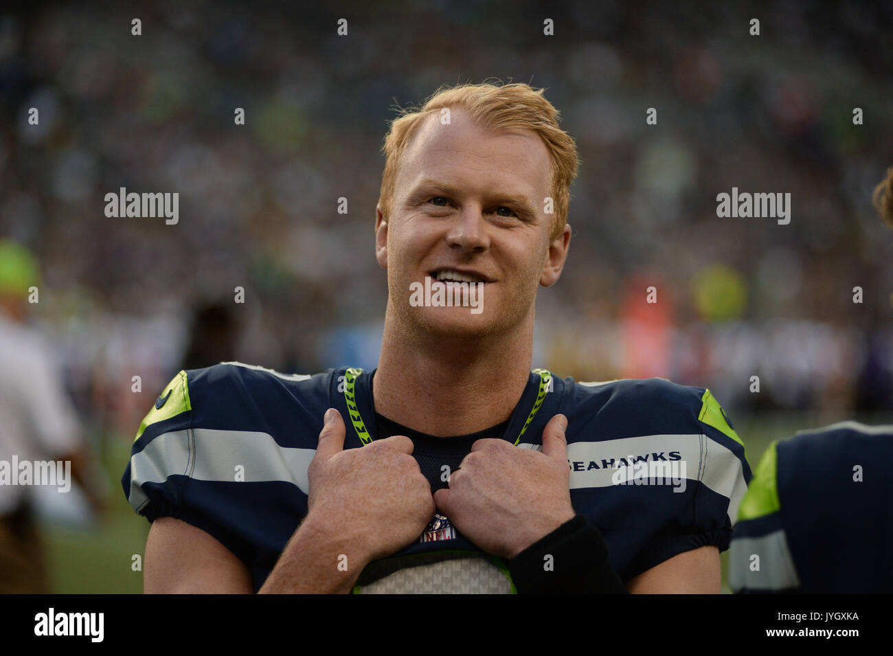 18 août 2017 : Seahawk punter Jon Ryan (9) lors d'un match pré-saison de la NFL entre les Seattle Seahawks et les Minnesota Vikings. Le jeu a été joué au siècle Lien Field à Seattle, WA. © Jeff Halstead / CSM Banque D'Images